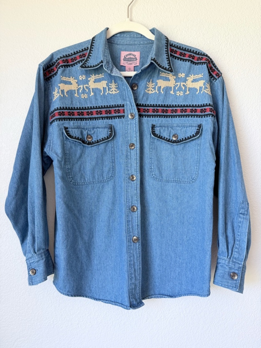 Cambridge Dry Goods Embroidered Denim Shirt Reindeer Western Boho S